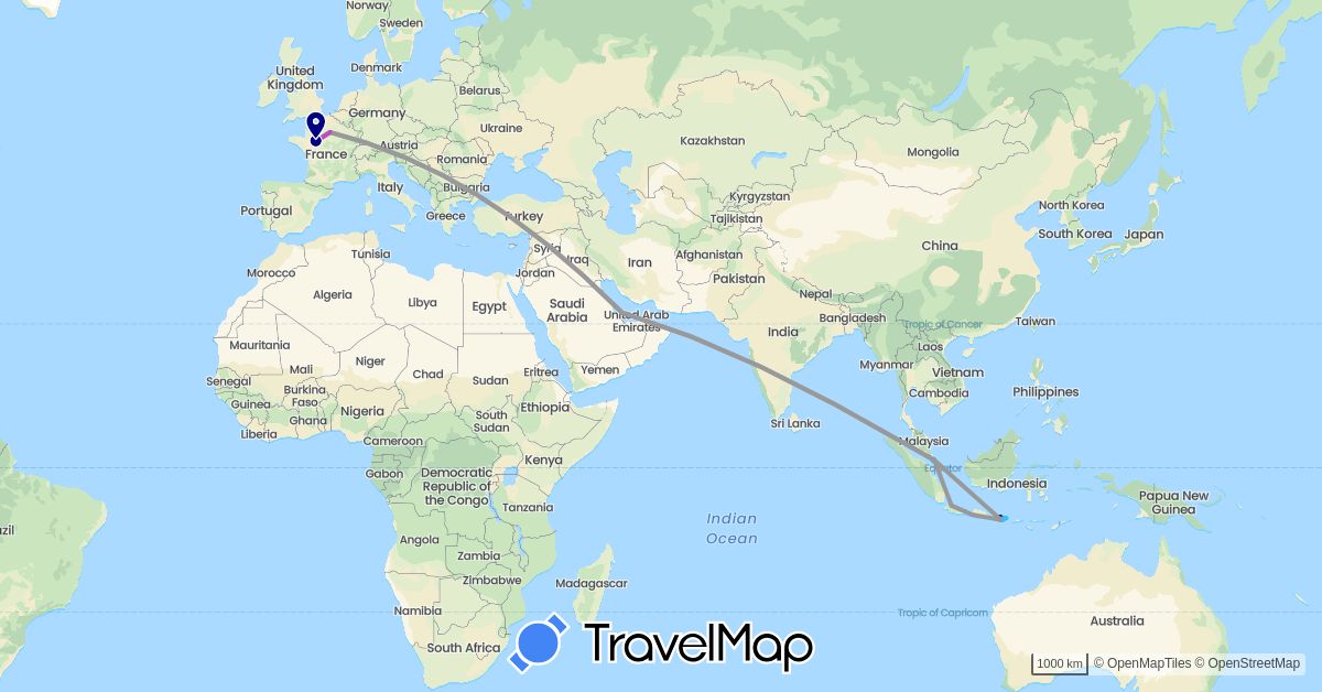 TravelMap itinerary: driving, plane, train, boat in France, Indonesia, Qatar, Singapore (Asia, Europe)